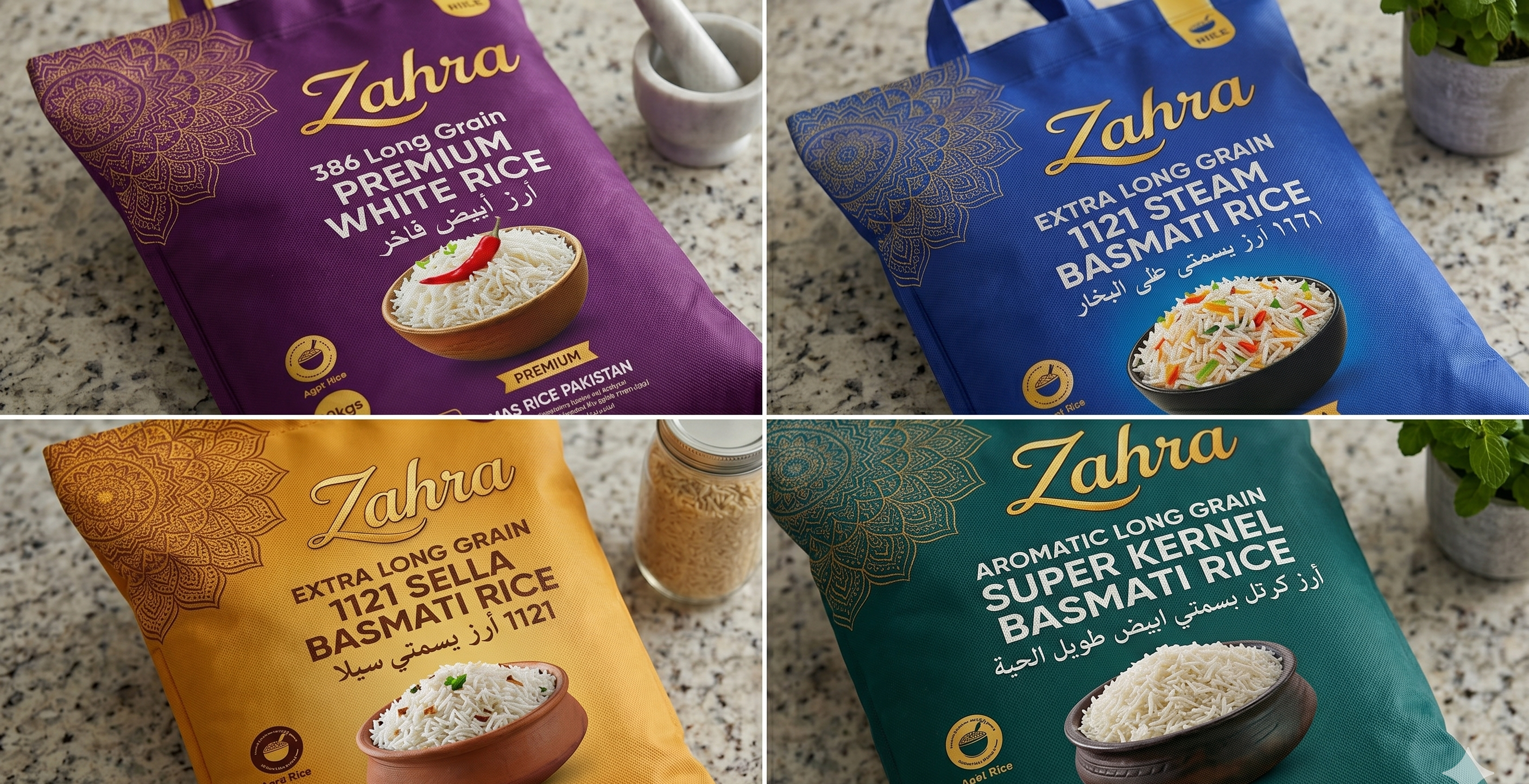 Zahra range: 386 Premium White, 1121 Steam Basmati, 1121 Sella Basmati, Super Kernel Basmati